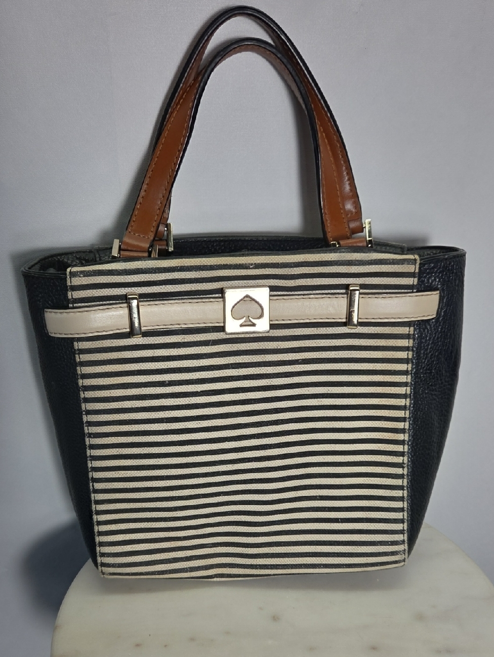 Kate Spade Black and Cream Leather And Canvas Striped Crossbody Bag